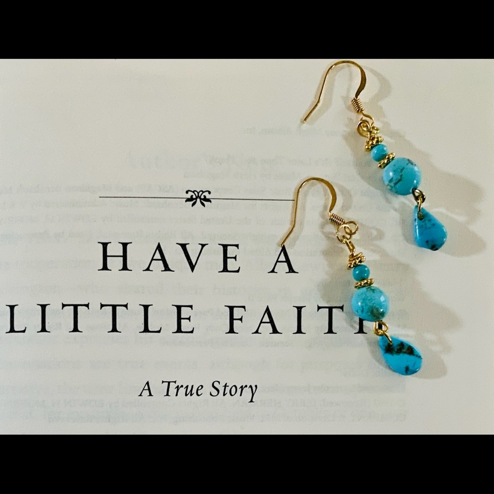 Gold Bead and Natural Turquoise Dangle Earrings